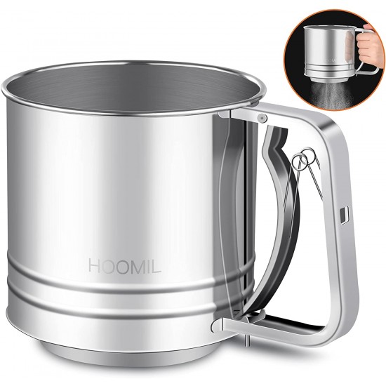HOOMIL Flour Sifter, Baking Stainless Steel Flour Sieve Cup, 5 Cup with Hand Press Design, Mesh Crank Baking Sifter with 3 Layers Mesh Sieve Kitchen Cooking for Sugar, Flour and Coffee Powder