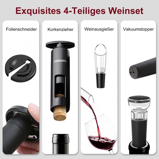 HOOMIL Wine Opener, Multifunctional 4-Piece Set, Manual Bottle Opener/Corkscrew, Vacuum Stopper, Pourer Spout and Foil Cutter HOOMIL Wine Opener, Multifunctional 4-Piece Set, Manual Bottle Opener/Corkscrew, Vacuum Stopper, Pourer Spout and Foil Cutter