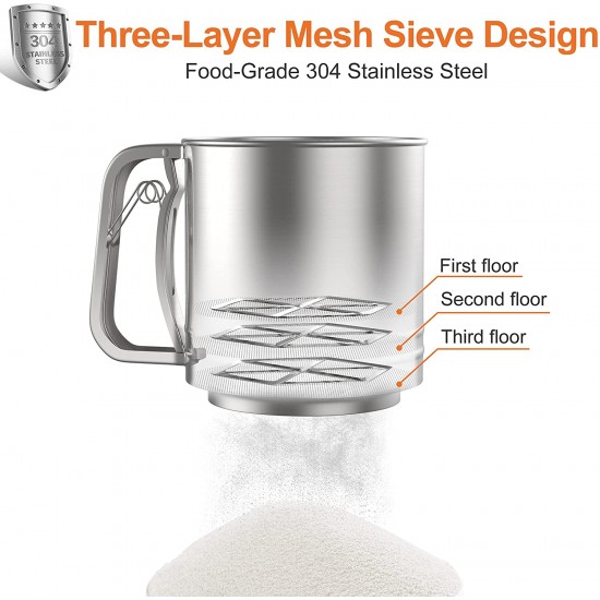 HOOMIL Flour Sifter, Baking Stainless Steel Flour Sieve Cup, 5 Cup with Hand Press Design, Mesh Crank Baking Sifter with 3 Layers Mesh Sieve Kitchen Cooking for Sugar, Flour and Coffee Powder