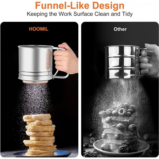 HOOMIL Flour Sifter, Baking Stainless Steel Flour Sieve Cup, 5 Cup with Hand Press Design, Mesh Crank Baking Sifter with 3 Layers Mesh Sieve Kitchen Cooking for Sugar, Flour and Coffee Powder HOOMIL Flour Sifter, Baking Stainless Steel Flour Sieve Cup, 5 Cup with Hand Press Design, Mesh Crank Baking Sifter with 3 Layers Mesh Sieve Kitchen Cooking for Sugar, Flour and Coffee Powder