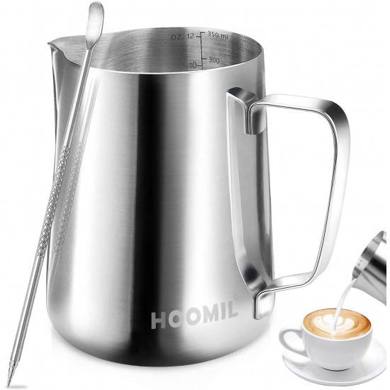 HOOMIL Milk Frothing Jug 350ml/600ml/900ml (12oz/20oz/32oz) Stainless Steel Milk Pitcher Cup Barista Milk Jug and Latte Decorating Art Pen for Making Coffee Cappuccino Frothing Milk Coffee Machine