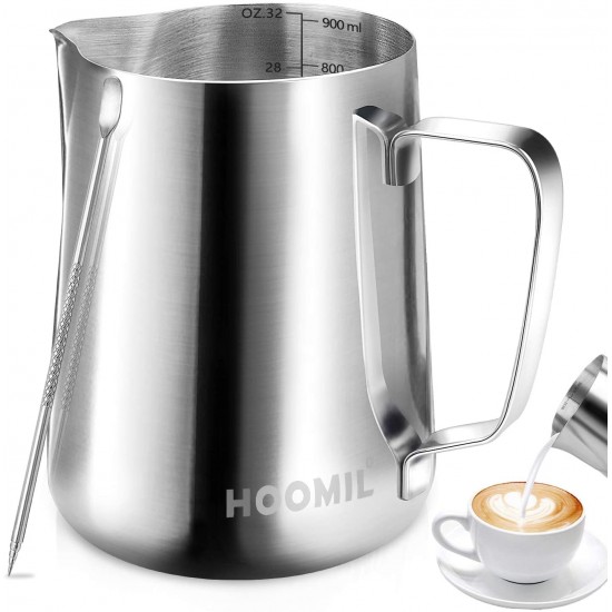 HOOMIL Milk Frothing Jug 350ml/600ml/900ml (12oz/20oz/32oz) Stainless Steel Milk Pitcher Cup Barista Milk Jug and Latte Decorating Art Pen for Making Coffee Cappuccino Frothing Milk Coffee Machine